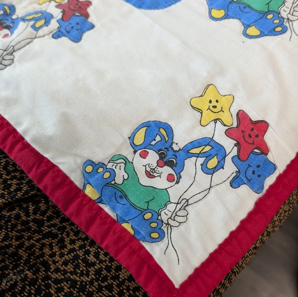 Vintage Blue Bunny Rabbit w/ Yellow Red Blue Star Balloons Crib Sheet 80s 90s
